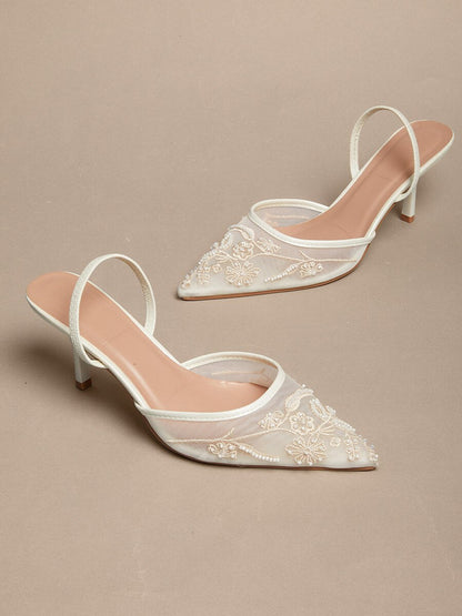 Lace Kitten Heel Pointed Toe Mesh Slip-on Shoes