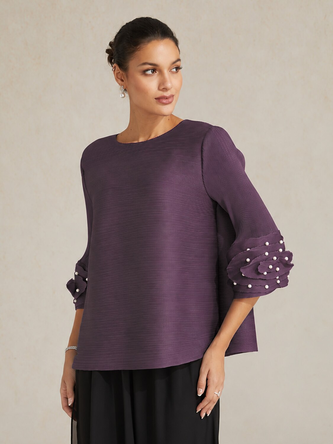 Pleated Floral Pearl Sleeve Top
