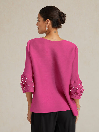Pleated Floral Pearl Sleeve Top