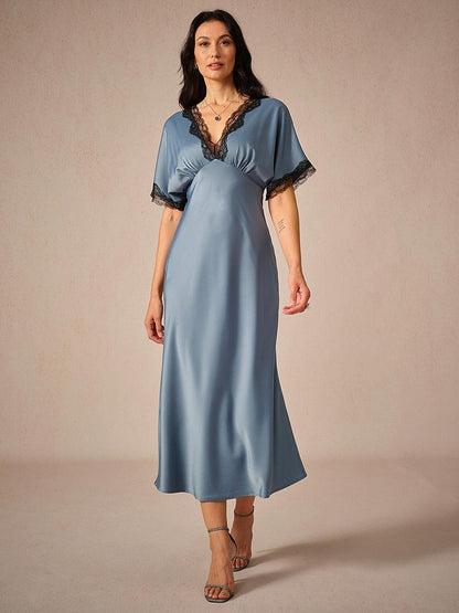 Satin-Lace-Trim-V-Neck-Dusty-Blue-Dress-Blue-S16484428