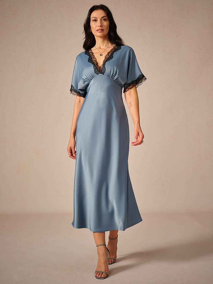 Satin-Lace-Trim-V-Neck-Dusty-Blue-Dress-Blue-S16484428