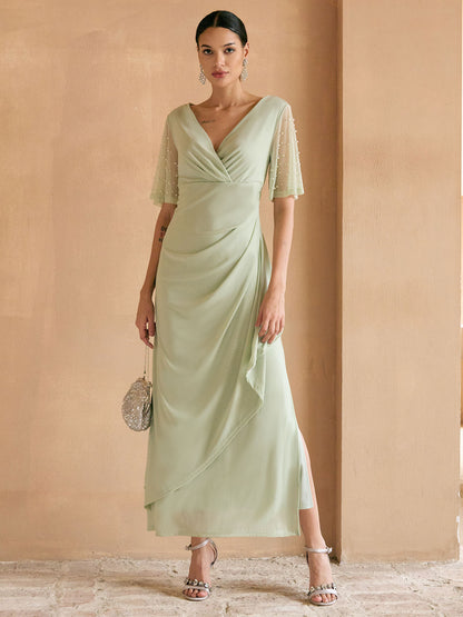 Elegant Formal Dress with Embellished Flutter Sleeves