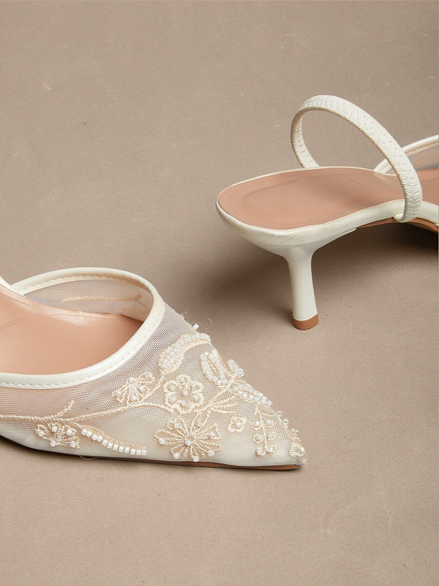 Lace Kitten Heel Pointed Toe Mesh Slip-on Shoes