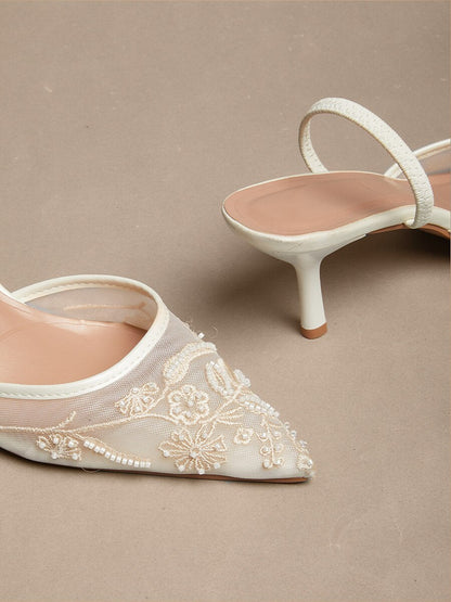 Lace Kitten Heel Pointed Toe Mesh Slip-on Shoes