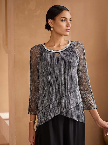 Layerd Pleated Glitter Chiffon Blouse