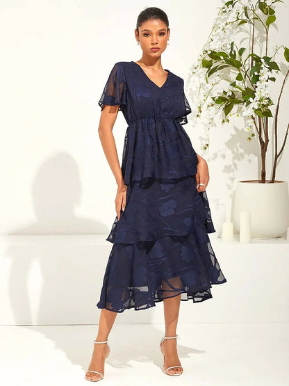 Lace V Neck Ruffle Layered Flutter Dress