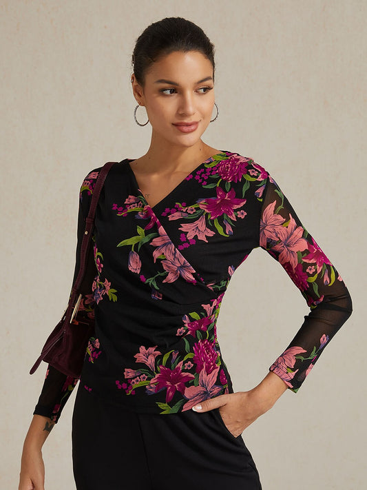 Floral Stretch Knit Wrap Top