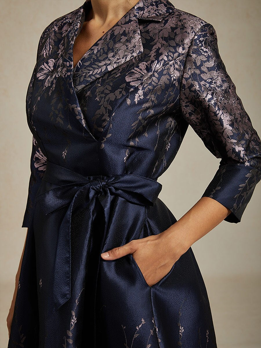 Floral Jacquard Shirt Dress with Belt and Side Pockets