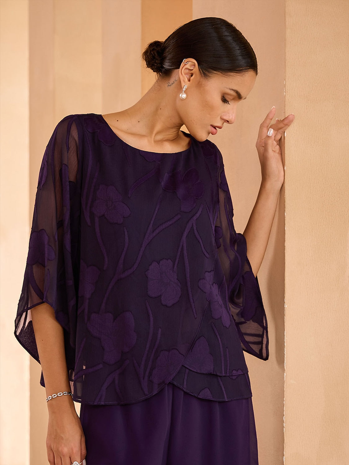 Sheer Floral Layered Chiffon Tops