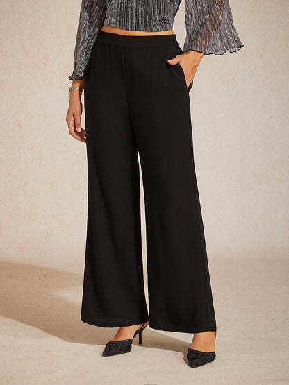 Mid-Rise Broek met Elastische Taille, Wijde Pijpen en Zakken