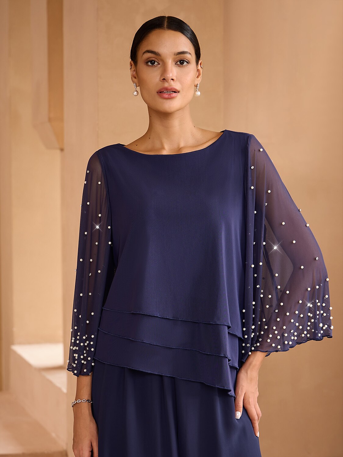 Beaded Layered Mesh Elegant Tops