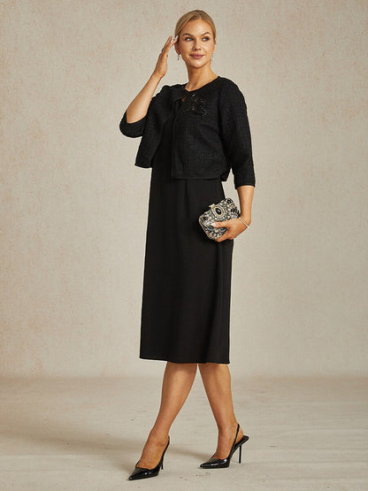 Cropped 3/4 Sleeve Tweed Jacket with Beaded Embroidery