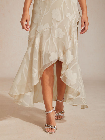 Ärmelloses Abendkleid aus Chiffon mit Blumenmuster und asymmetrischem Saum