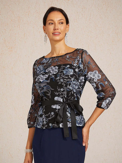 Bluse mit Blumenstickerei, 3/4-Puffärmeln und Illusionsausschnitt