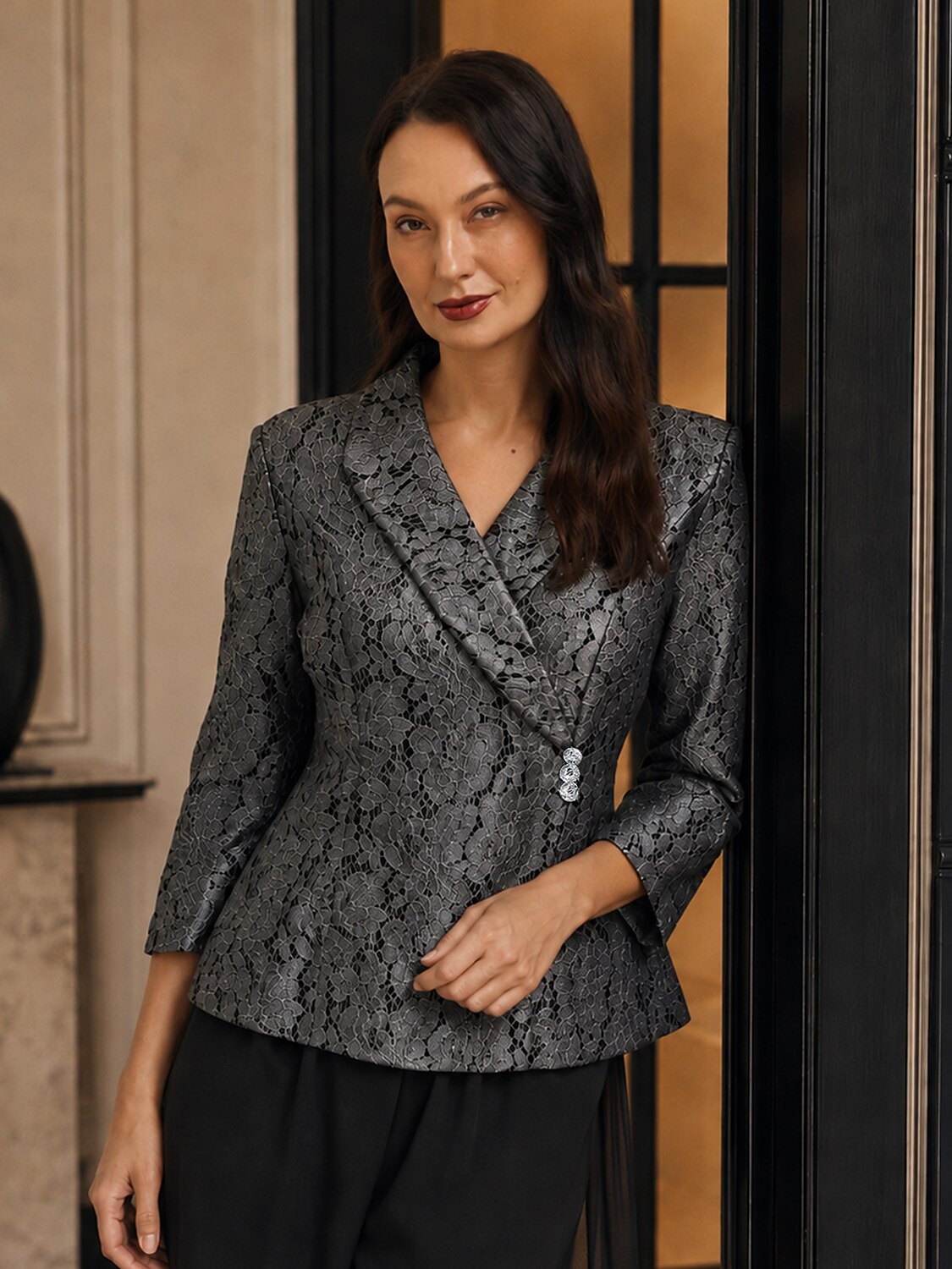 Lace Zipper Metallic Blouse