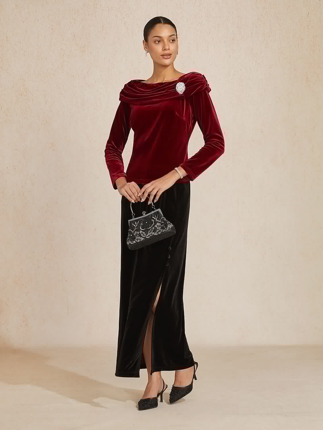 Long Sleeve Velvet Blouse with Ruched Collar