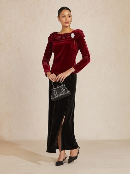 Long Sleeve Velvet Blouse with Ruched Collar