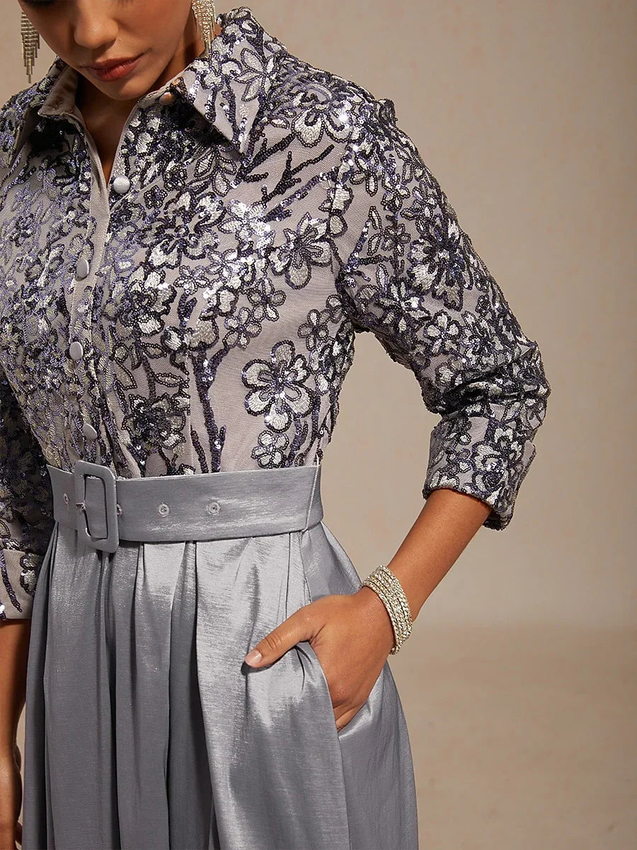 Stretch Taffeta Embroidered Cocktail Dress with Sequin Bodice