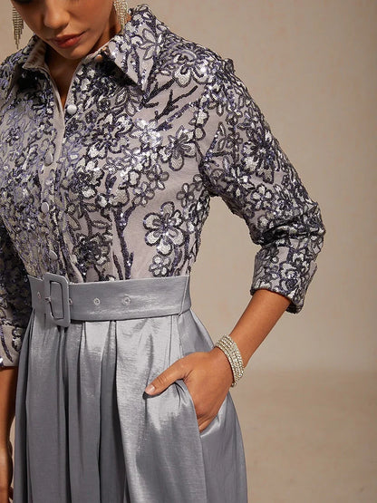 Stretch Taffeta Embroidered Cocktail Dress with Sequin Bodice