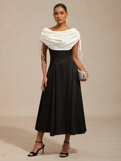 Satin Black and White Dress with Shoulder Tie Design