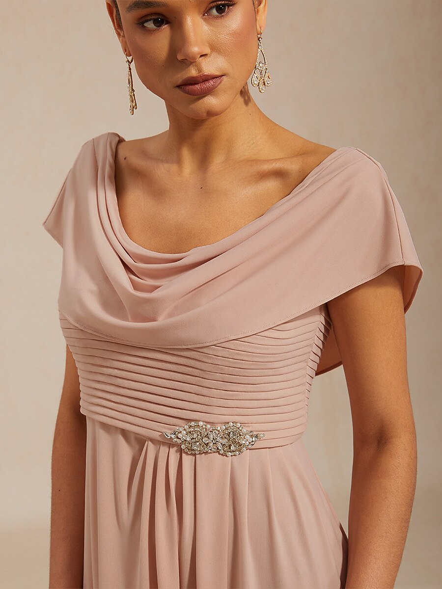 Draped Neck Jersey Evening Dress with Pleated Bodice