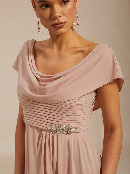 Draped Neck Jersey Evening Dress with Pleated Bodice