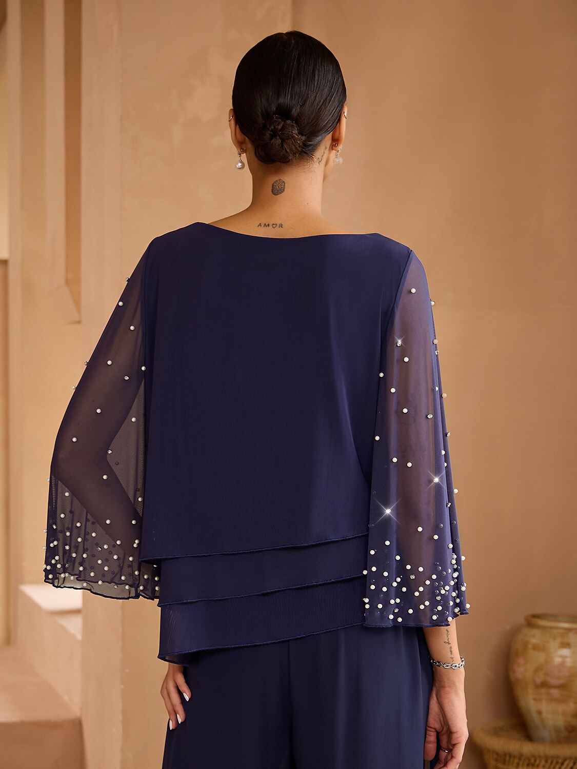 Beaded Layered Mesh Elegant Tops