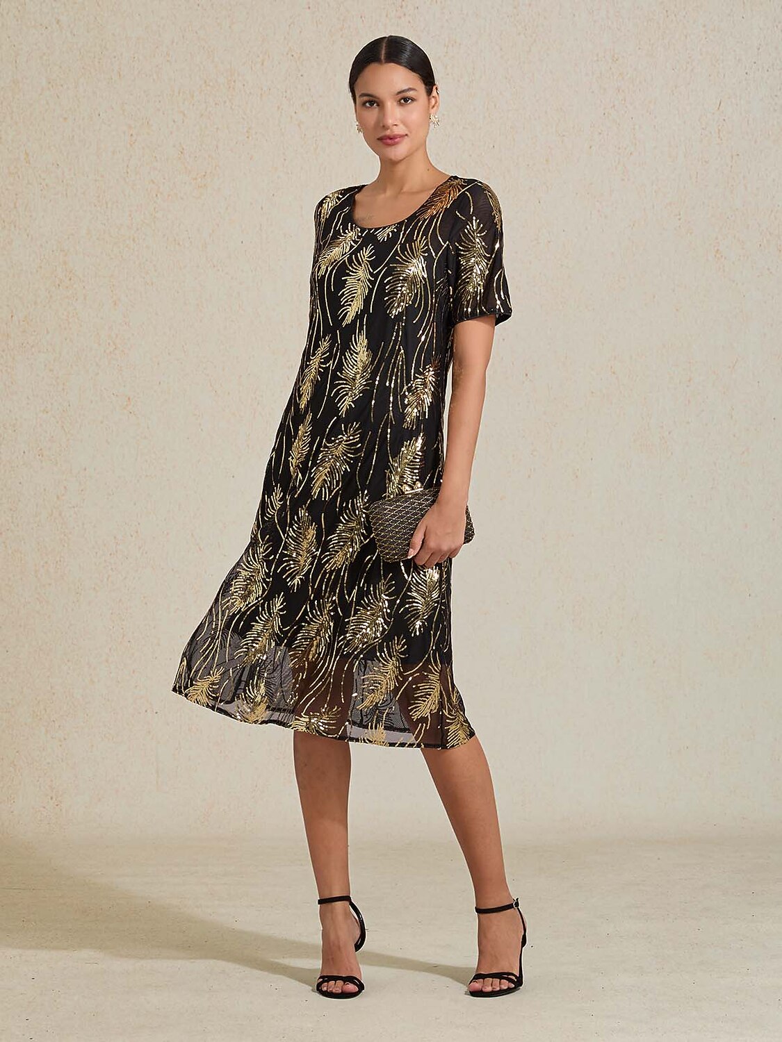 Feather Sequin Embroidered Mesh Midi Dress
