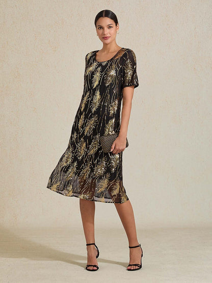 Feather Sequin Embroidered Mesh Midi Dress