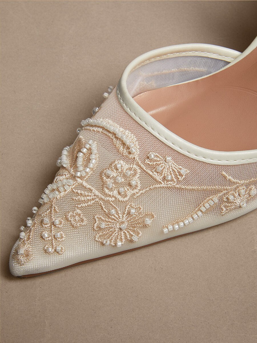 Lace Kitten Heel Pointed Toe Mesh Slip-on Shoes