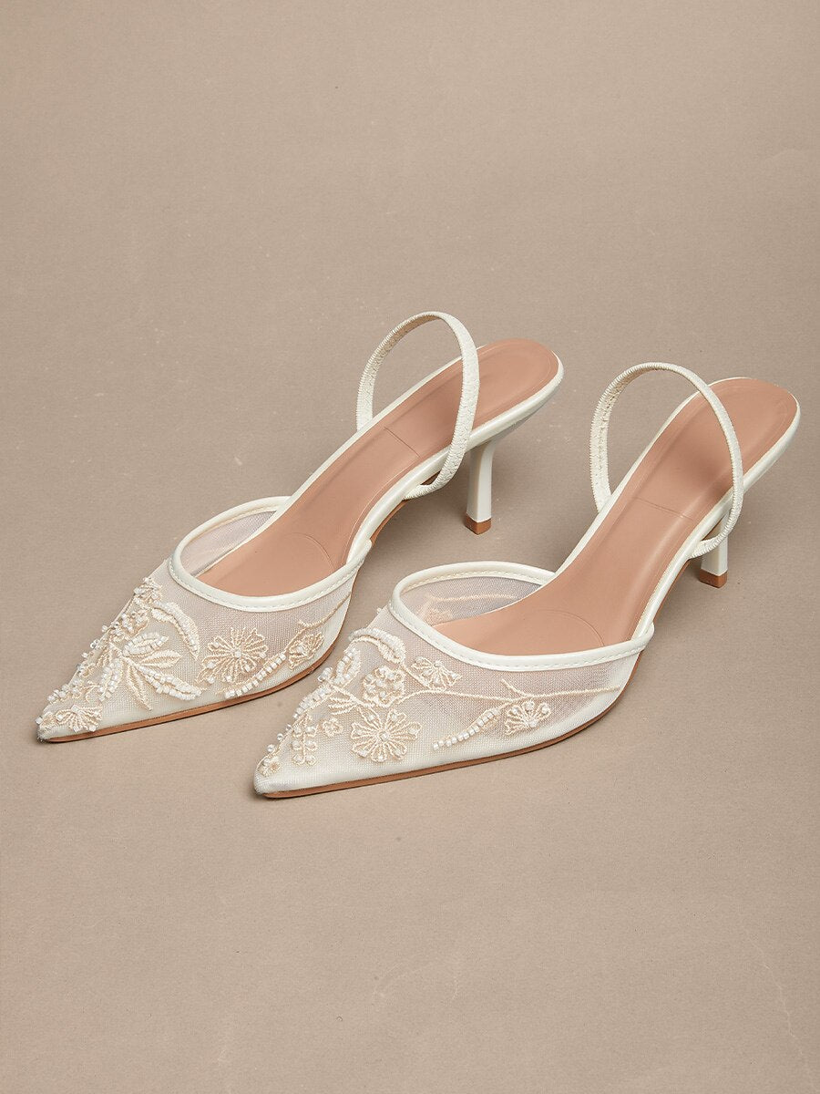 Lace Kitten Heel Pointed Toe Mesh Slip-on Shoes