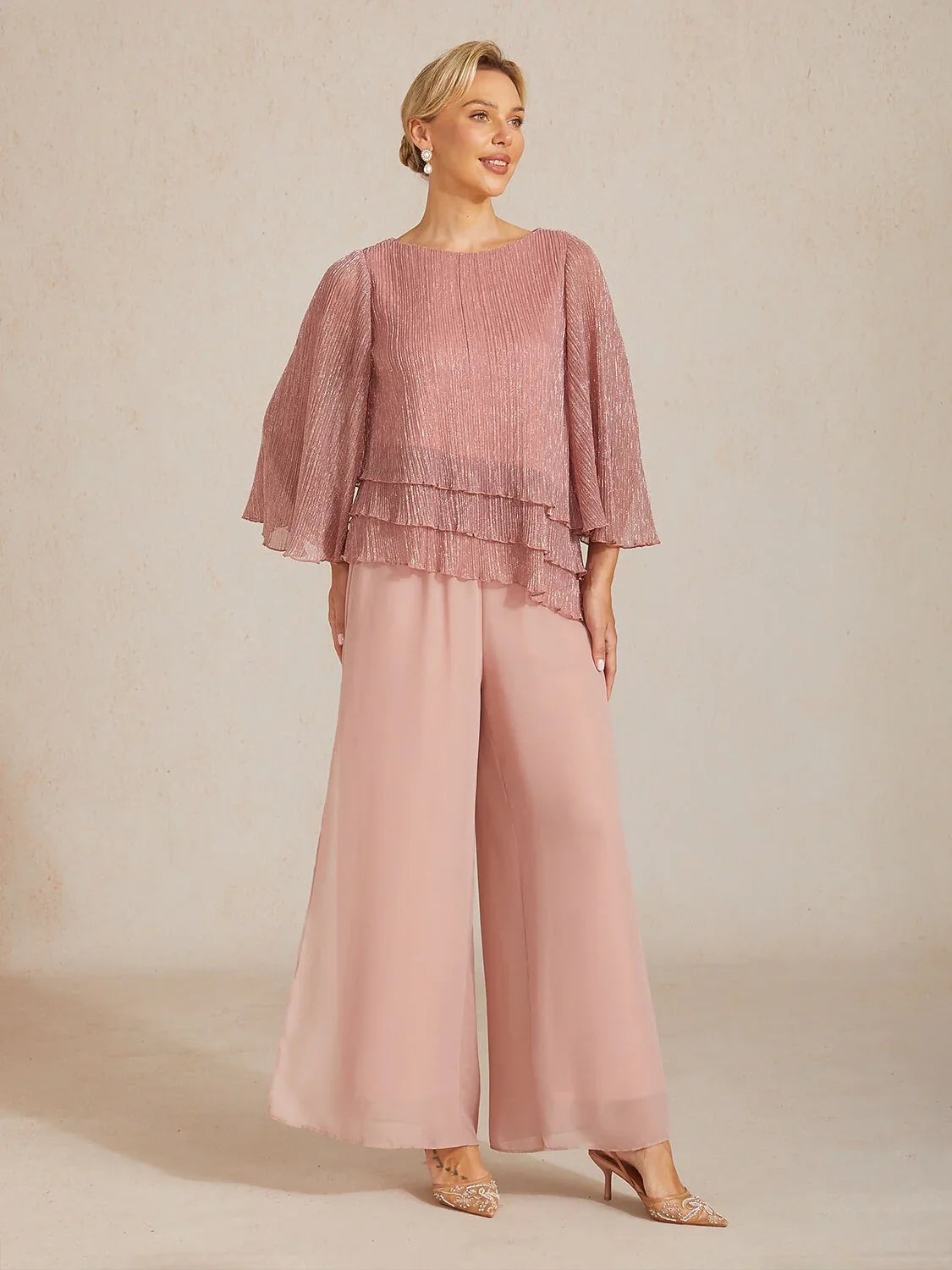 Metallic Pleated Chiffon Asymmetrical Layered Blouse