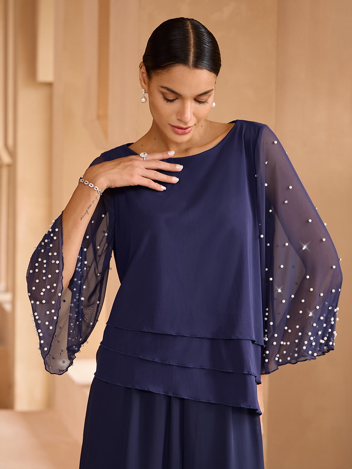 Beaded Layered Mesh Elegant Tops