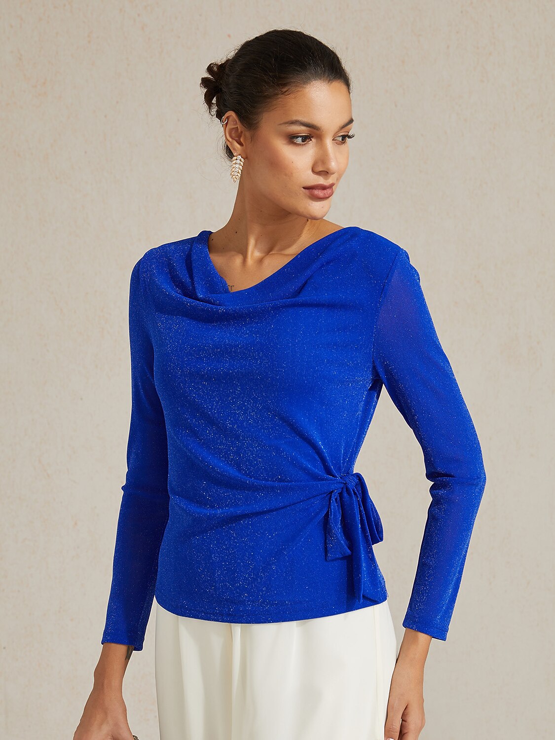 Elegant Metallic Tie Waist Knit Top