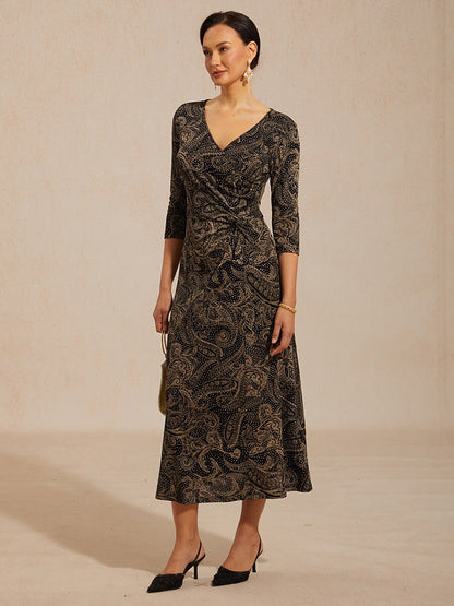 Paisley V-Neck A-Line Knit Dress with Waist Twist Design