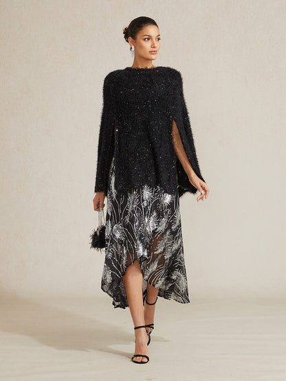 Sequin Knit Poncho Sweater