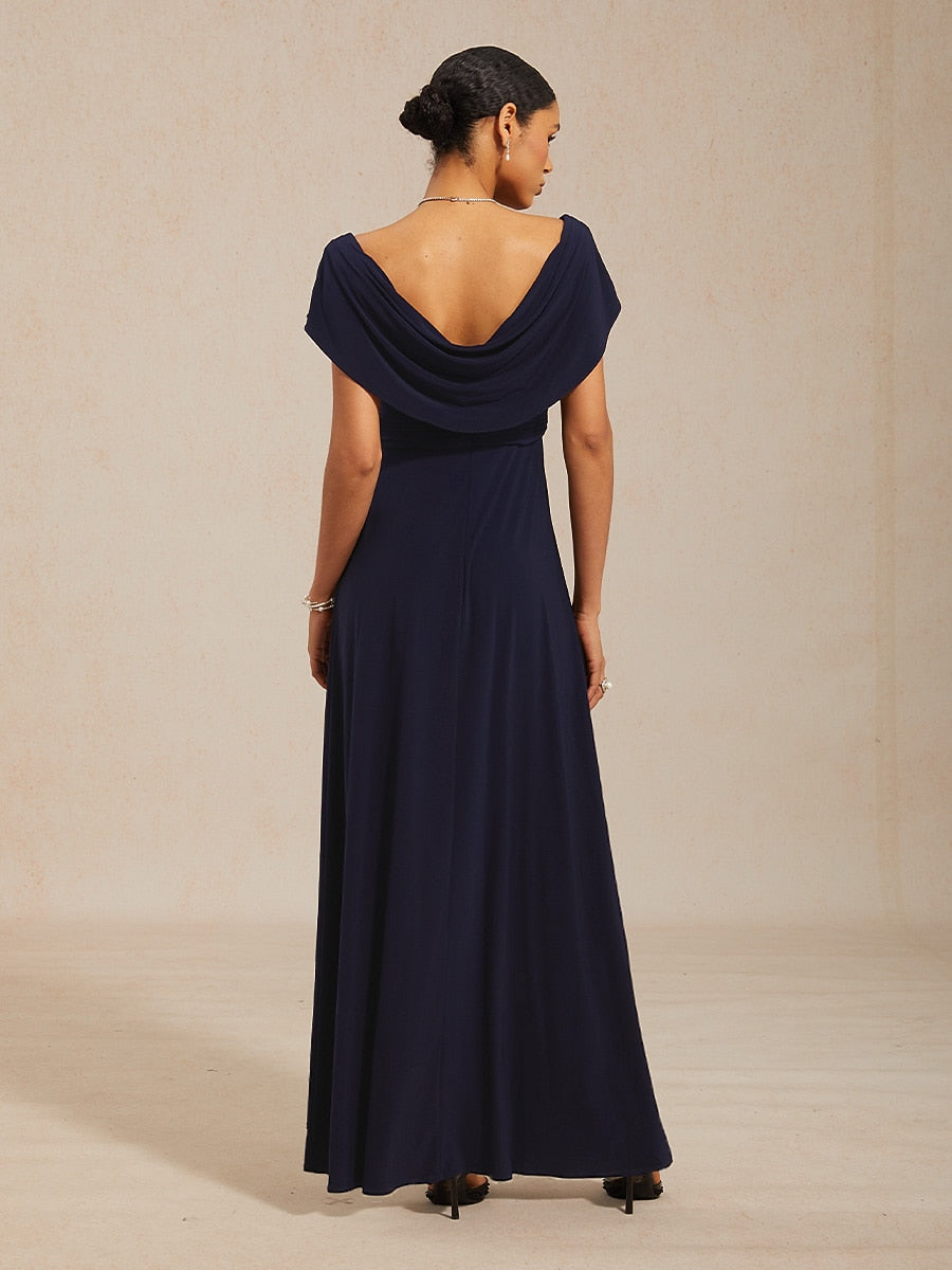 Draped Neck Jersey Evening Dress with Pleated Bodice