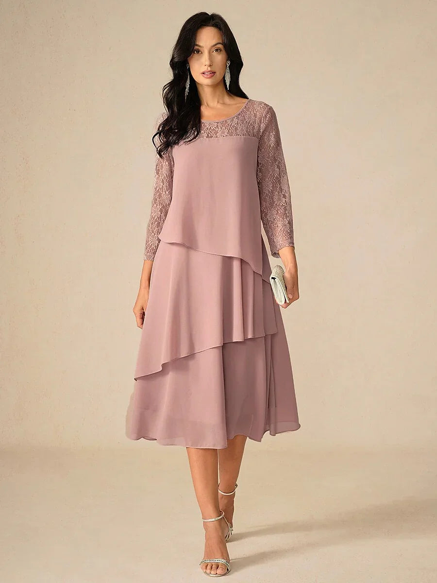 Lace Tiered Chiffon 3/4 Length Sleeve Dress