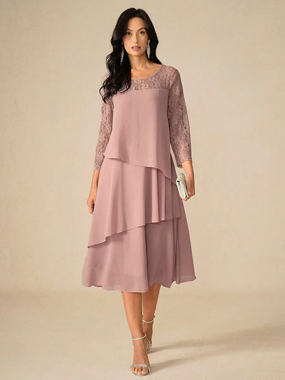Lace Tiered Chiffon 3/4 Length Sleeve Dress