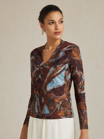 Abstract Print Stretch Knit Top