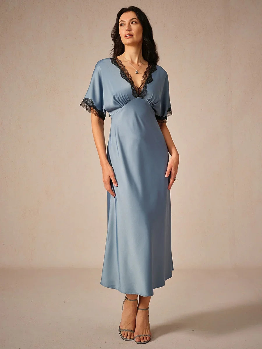 Satin Lace Trim V-Neck Dusty Blue Dress