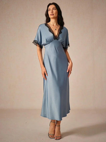 Satin Lace Trim V-Neck Dusty Blue Dress
