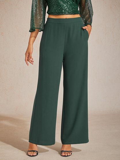Pantalon large taille mi-haute à taille élastique avec poches