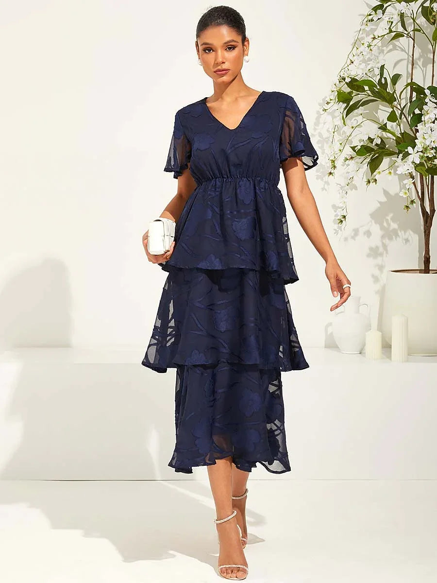 Lace V Neck Ruffle Layered Flutter Dress
