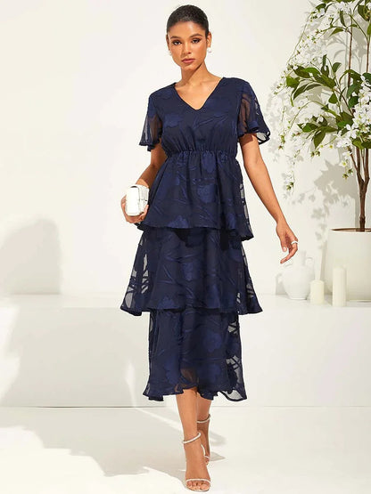 Lace V Neck Ruffle Layered Flutter Dress