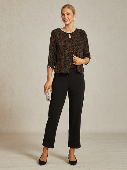 3/4 Sleeve Knit Mock Twinset with Floral Pattern
