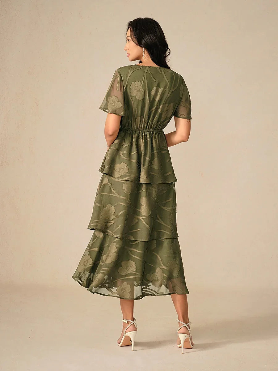 Lace V Neck Ruffle Layered Flutter Dress