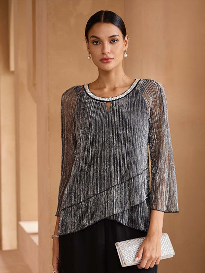 Layerd Pleated Glitter Chiffon Blouse