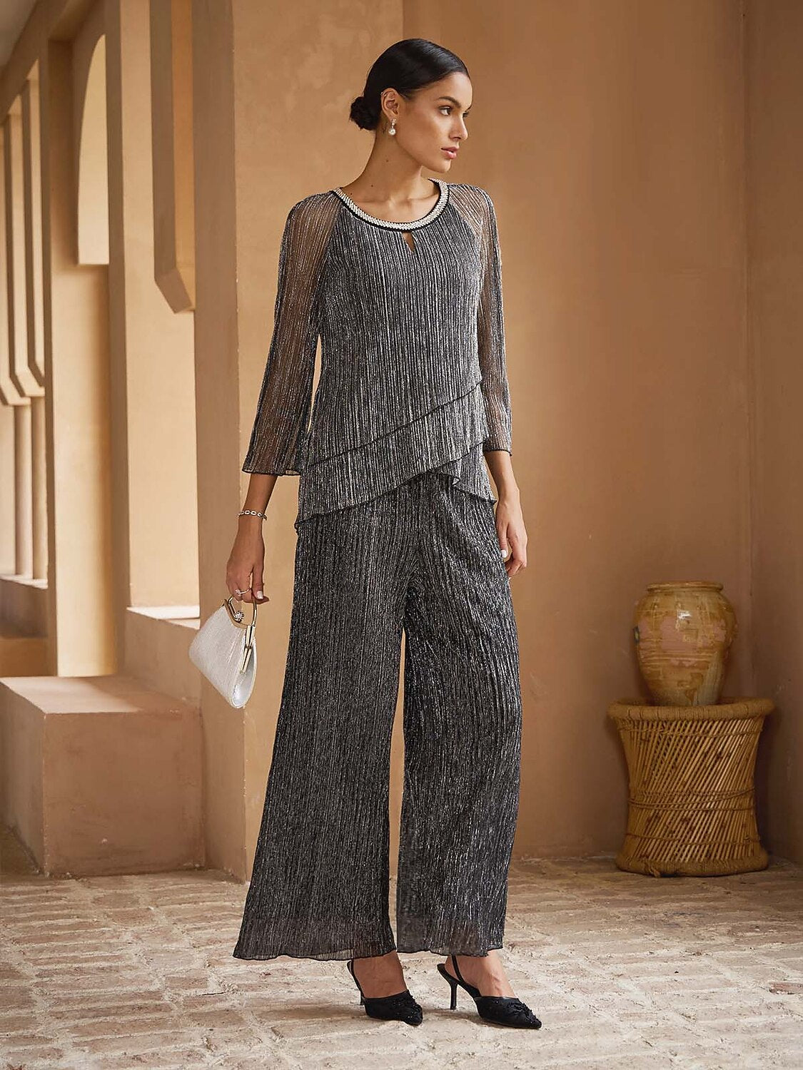Wide Straight-Leg Chiffon Pants