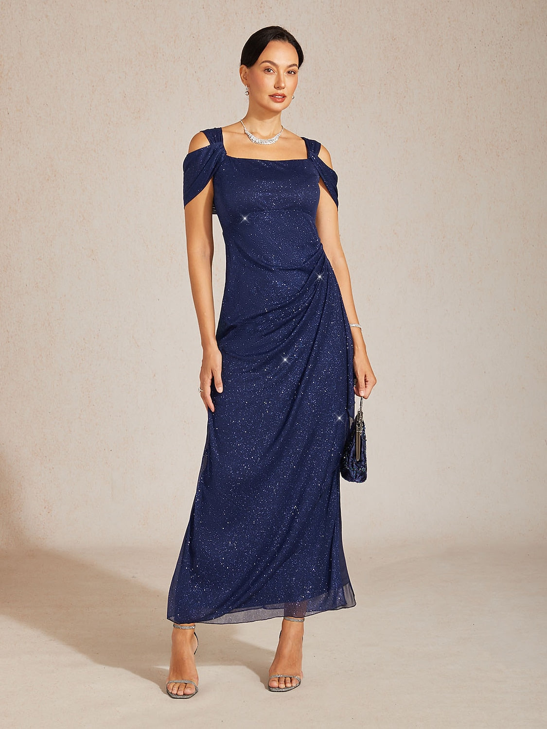 Ankle-Length Cold Shoulder Glitter Mesh Dress